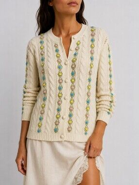 Vintage Stephen Chu Floral Embroidered Cable Knit Button Front Cardigan M